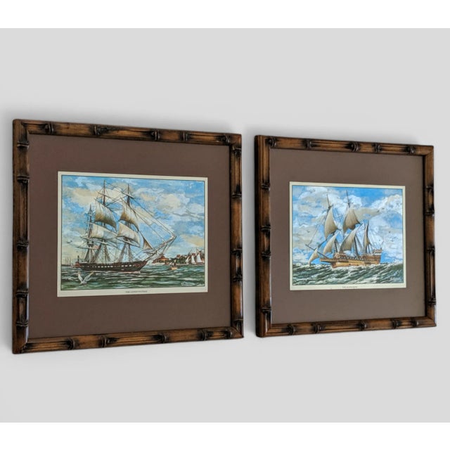 Ornamental & Decorative Materials Vintage Nautical Clipper Ship Color Foil Prints Framed in Faux Bamboo Frames- A Pair For Sale - Image 7 of 11