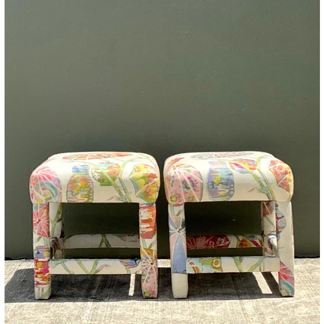 Vintage Printed Paper Napkin Low Stools - A Pair For Sale In West Palm - Image 6 of 12