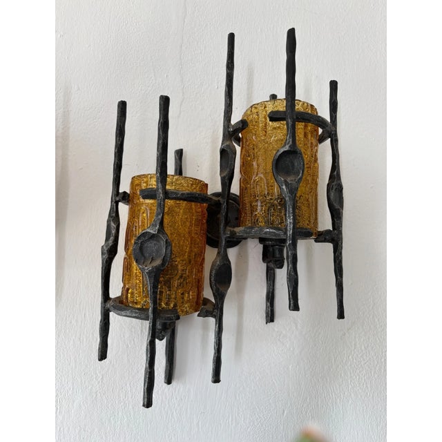 Tom Ahlström & Hans Ehrlich Brutalist Torch Amber Murano Glass Sconces 1950 For Sale - Image 6 of 9