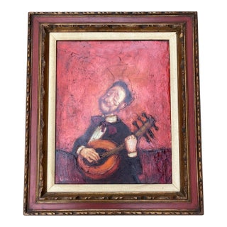 Mid Century Modern Abstract Man Playing Lute Original Painting Carved Wood Frame Signed For Sale