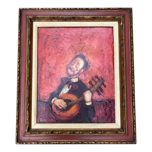 Mid Century Modern Abstract Man Playing Lute Original Painting Carved Wood Frame Signed For Sale