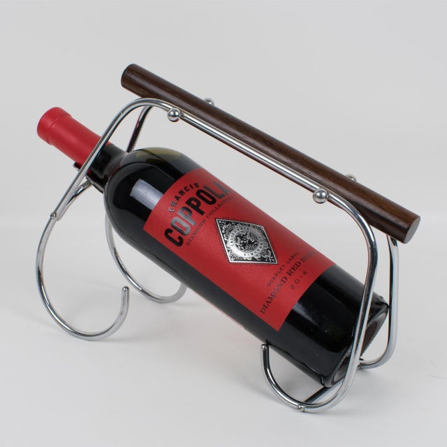 Art Deco 1940s Jacques Adnet Art Deco Chrome and Wood Bottle Holder Wine Pourer Server For Sale - Image 3 of 11