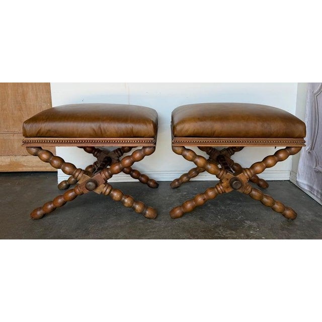 Pair of Spanish Colonial Baroque Bobbin - X-Base Stools With Distressed Leather For Sale In Los Angeles - Image 6 of 15