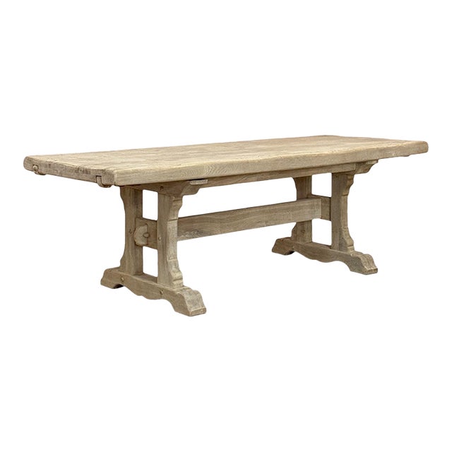 Vintage Rustic European Stripped Oak Trestle Dining Table For Sale