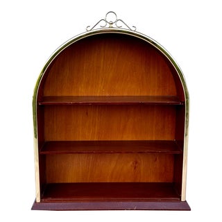 Vintage Mid-Century Walnut Wood Arched Curio Display With Open Shelves & Gold Trim For Sale