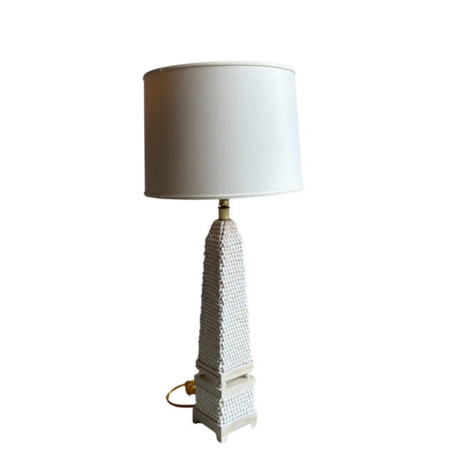Beautiful vintage coastal table lamp featuring hundreds of hand-applied natural seashells in a striking textured pyramid...