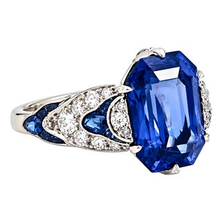 Art Deco Platinum Blue Sapphire Ring, 5.76ct No Heat, Diamonds, 1930 For Sale