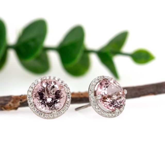 14k Gold Brazilian Morganite Earrings With Natural Diamonds Halo | Round 8.5mm- 2 pieces For Sale - Image 4 of 6