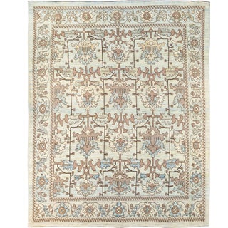 Modern Oushak Handmade Floral Pattern Beige and Blue Wool Rug For Sale