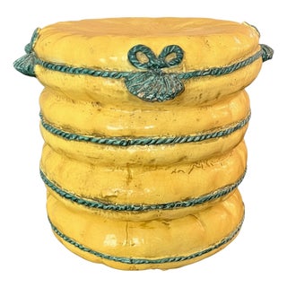Vintage Italian Majolica Trompe L’Oeil Lemon Yellow Garden Seat Stool For Sale