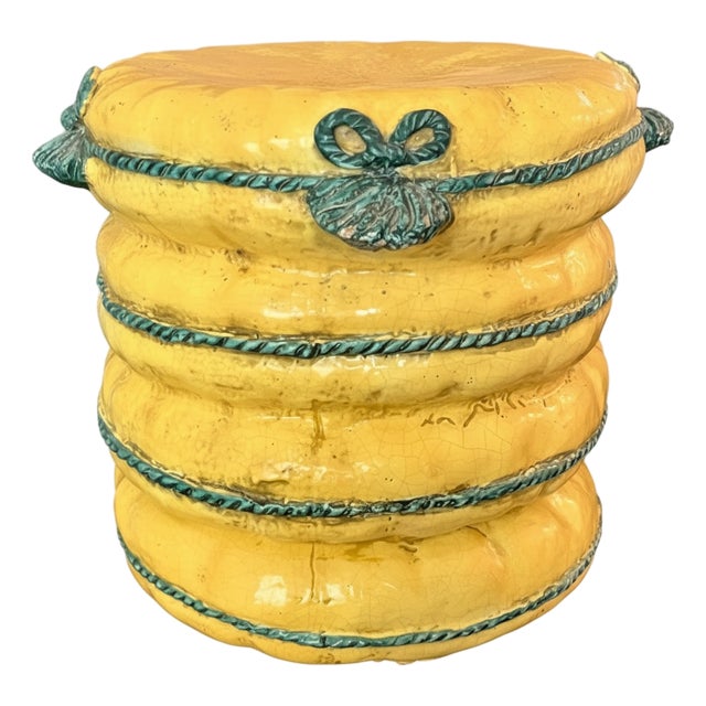 Vintage Italian Majolica Trompe L’Oeil Lemon Yellow Garden Seat Stool For Sale