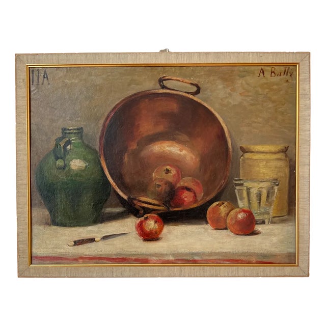 A. Bally, Cuivre et fruits, Oil on Cardboard, Framed For Sale