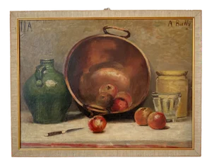 A. Bally, Cuivre et fruits, Oil on Cardboard, Framed