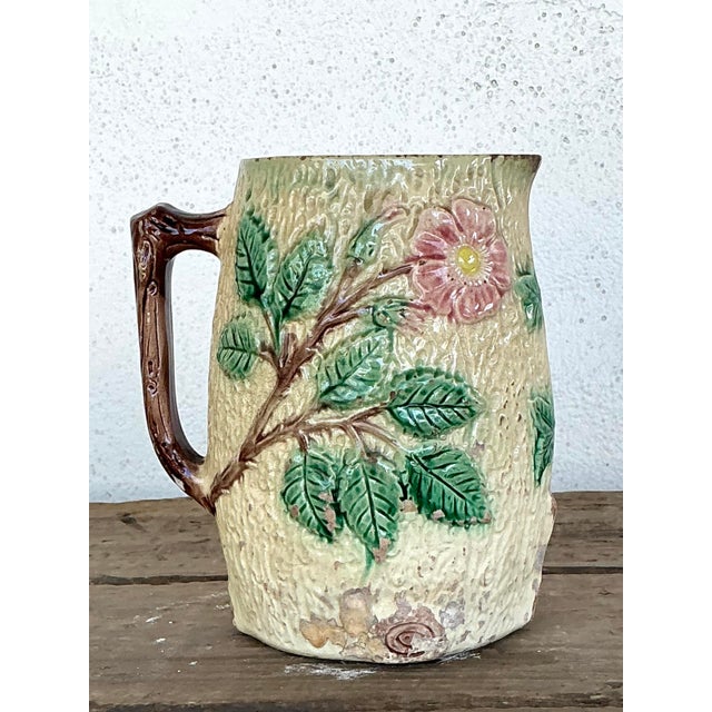Vintage English Majolica Floral Pitcher For Sale In West Palm - Image 6 of 12