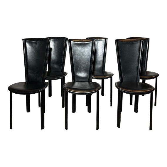 Black Leather Dining Chairs, Set of 6 For Sale