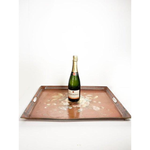 Hollywood Regency Red Metal Tray with Floral Decoration, France, 1950s For Sale - Image 3 of 10