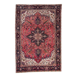 1930s Vintage Medallion Design Ink Blue Scarlet Red Low Pile Wool Hand-Knotted Rug - 7’5” X 10’7” For Sale