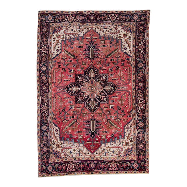 1930s Vintage Medallion Design Ink Blue Scarlet Red Low Pile Wool Hand-Knotted Rug - 7’5” X 10’7” For Sale