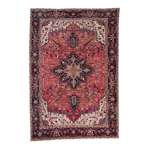 1930s Vintage Medallion Design Ink Blue Scarlet Red Low Pile Wool Hand-Knotted Rug - 7’5” X 10’7”