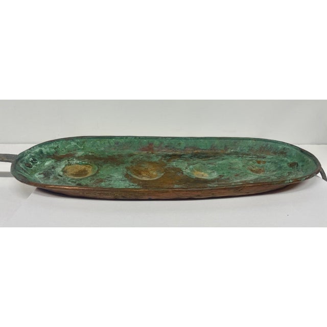 Antique Oblong Copper & Brass Egg Poacher Pan With Long Hanging Handle For Sale - Image 10 of 10