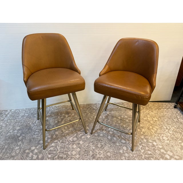 West Elm Mid Century Leather Swivel Counter Stool For Sale - Image 11 of 12