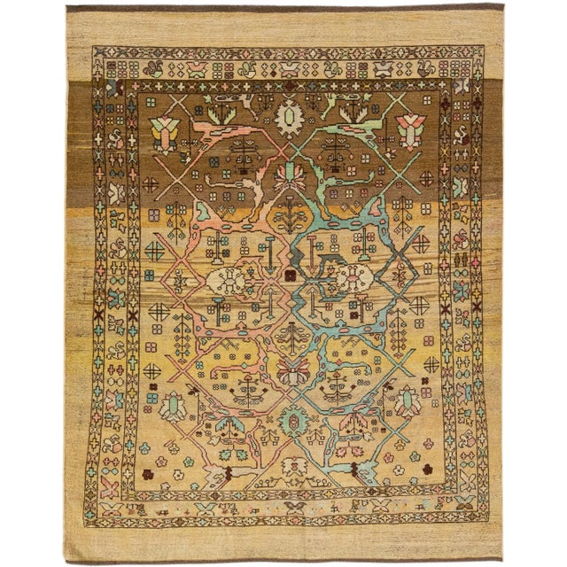 Yellow Mid-Century Modern Style Handmade Allover Floral Yellow Wool Rug For Sale - Image 8 of 8