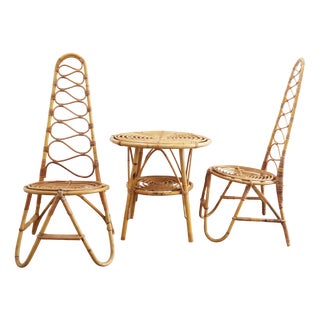 Mid-Century Modern Bamboo Highback Chairs with Side Table, 1960s, Set of 3 For Sale