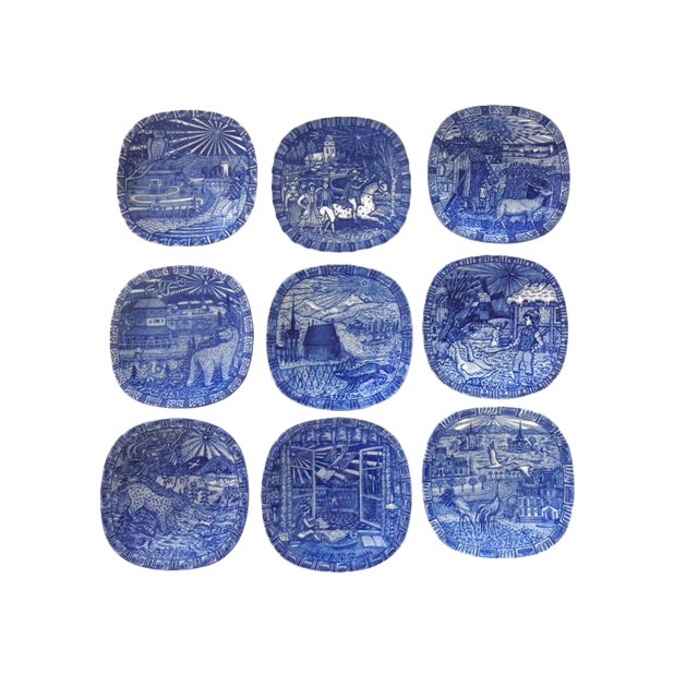 Vintage Julen Rorstrand Sweden Delft Blue Faiance Wall Plates