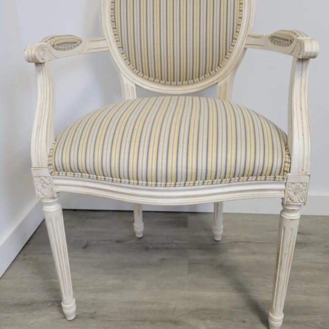 French Country Ethan Allen Louis XVI French Striped Style Oval Back Armchairs in Distressed White Finish For Sale - Image 3 of 13
