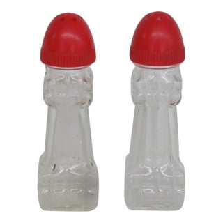 Mid 20th Century Mid Century Modern Pressed Glass Salt and Pepper Shakers Pair of 2 With Red Tops For Sale