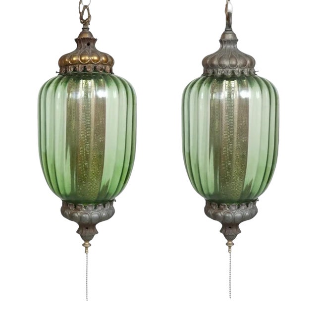 Art Moderne Green Glass Lanterns, a Pair For Sale