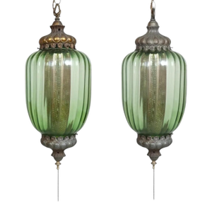 Art Moderne Green Glass Lanterns, a Pair