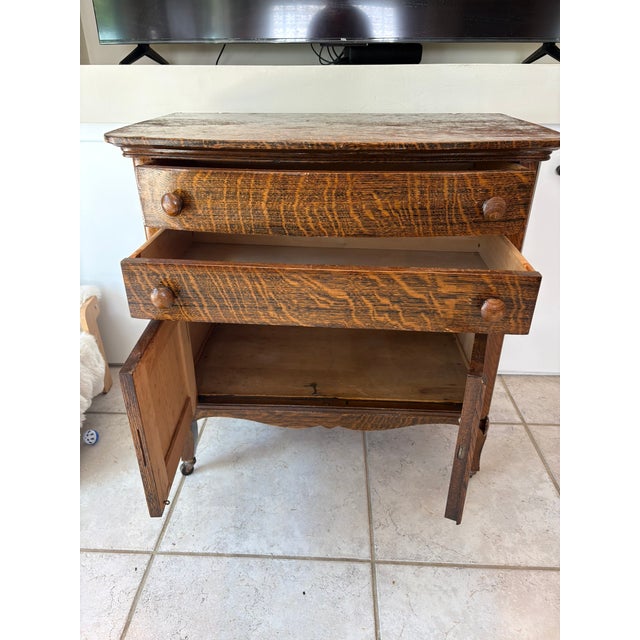 Grandmillennial Antique Tiger Oak Wood Cabinet Dresser W/ Removable Towel Bar For Sale - Image 12 of 13