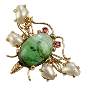 Vintage 14 Karat Gold and Green Tourmaline Kinetic Bee Brooch With Pearls and Rubies