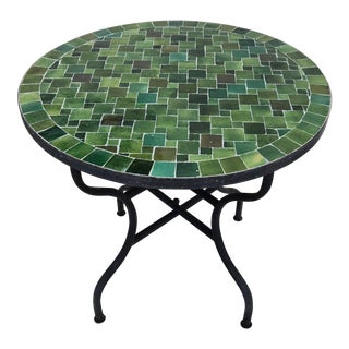 32" Moroccan Round Mosaic Table, Tamegrout Green Bejmat Style / Squares For Sale