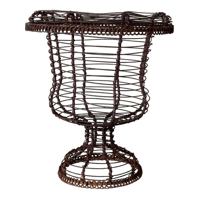 Antique French Wire Pedestal Urn Hand Made Twisted Wire Basket, Late 19th C For Sale