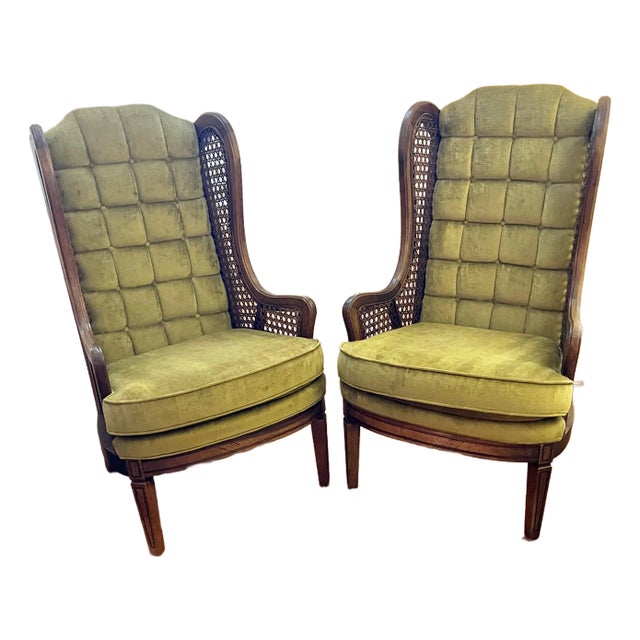1960 Caned Wingback Armchairs in Green Crushed Velvet Pair of 2 For Sale