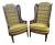 1960 Caned Wingback Armchairs in Green Crushed Velvet Pair of 2 For Sale
