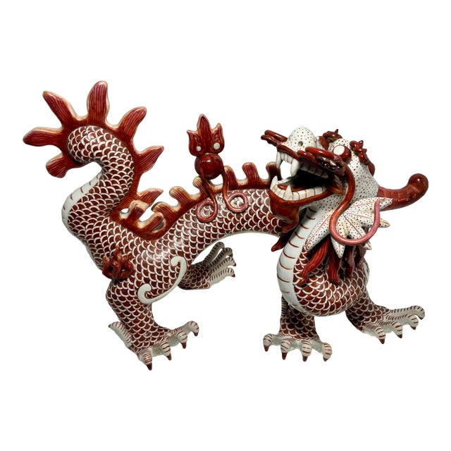 1950s Vintage White/Red Ceramic Dragon Feng Shui Sculpture Chinese Zodiac Décor For Sale