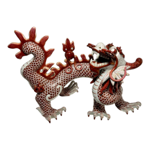 1950s Vintage White/Red Ceramic Dragon Feng Shui Sculpture Chinese Zodiac Décor