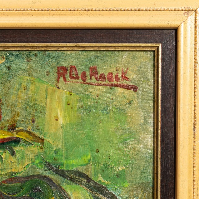 Mid 20th Century Mid 20th Century Belgium Green Canvas Painting For Sale - Image 5 of 15