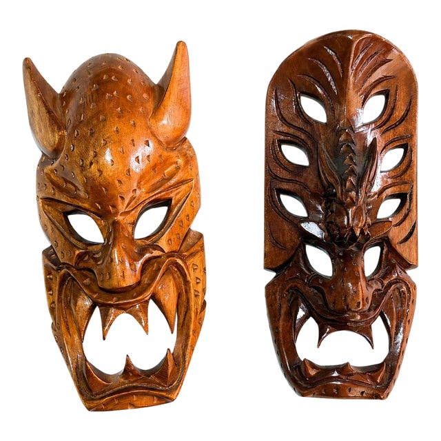 Pair of Vintage Philippine Hand-Carved Monkey Pod Wood Dragon & Demon Wall Masks For Sale