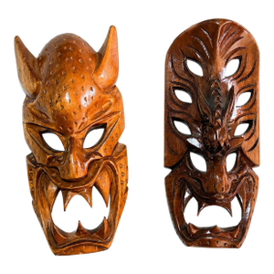 Pair of Vintage Philippine Hand-Carved Monkey Pod Wood Dragon & Demon Wall Masks