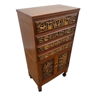 1970s Mid Century Chinese Cabinet, Silverware Storage, Three Drawer's Hand Carved For Sale
