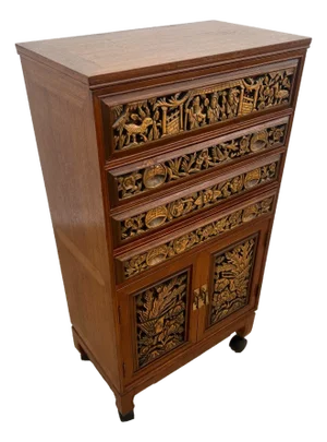 1970s Mid Century Chinese Cabinet, Silverware Storage, Three Drawer's Hand Carved