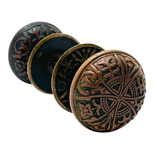 1890s American Bronze Door Knobs With Rosettes - A Pair For Sale