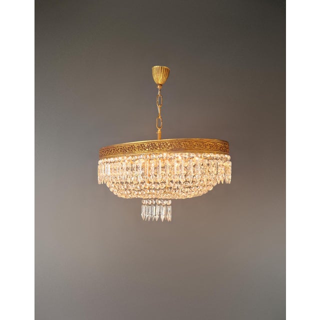 Art Deco Antique Oval Flush Mount Chandelier Brass Crystal Ceiling Light Restored Gold For Sale - Image 3 of 10