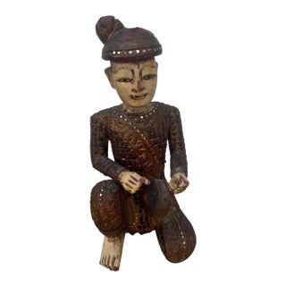 Early 20th Century Hand-Carved Chinese Wooden Figural Sculpture of Seated Musician With Tambourine-Style Instrument For Sale
