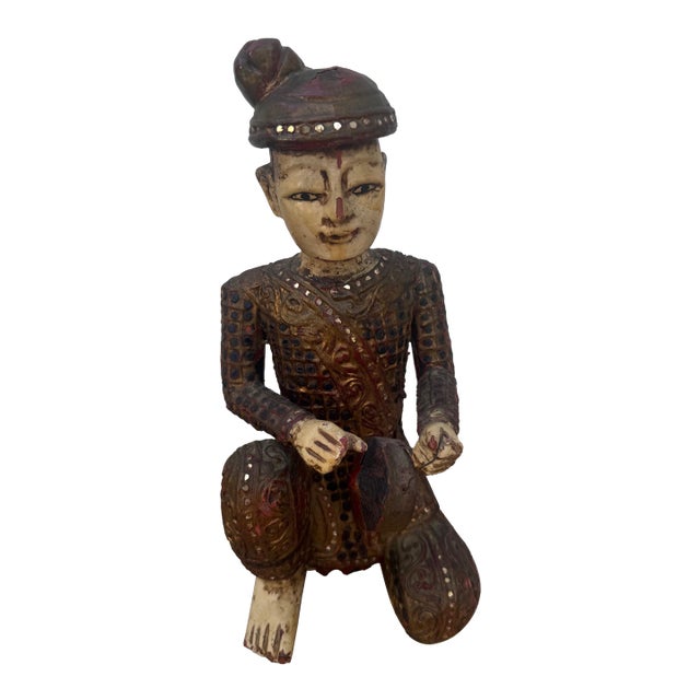 Early 20th Century Hand-Carved Chinese Wooden Figural Sculpture of Seated Musician With Tambourine-Style Instrument For Sale
