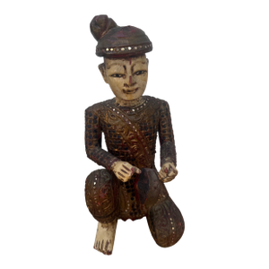 Early 20th Century Hand-Carved Chinese Wooden Figural Sculpture of Seated Musician With Tambourine-Style Instrument